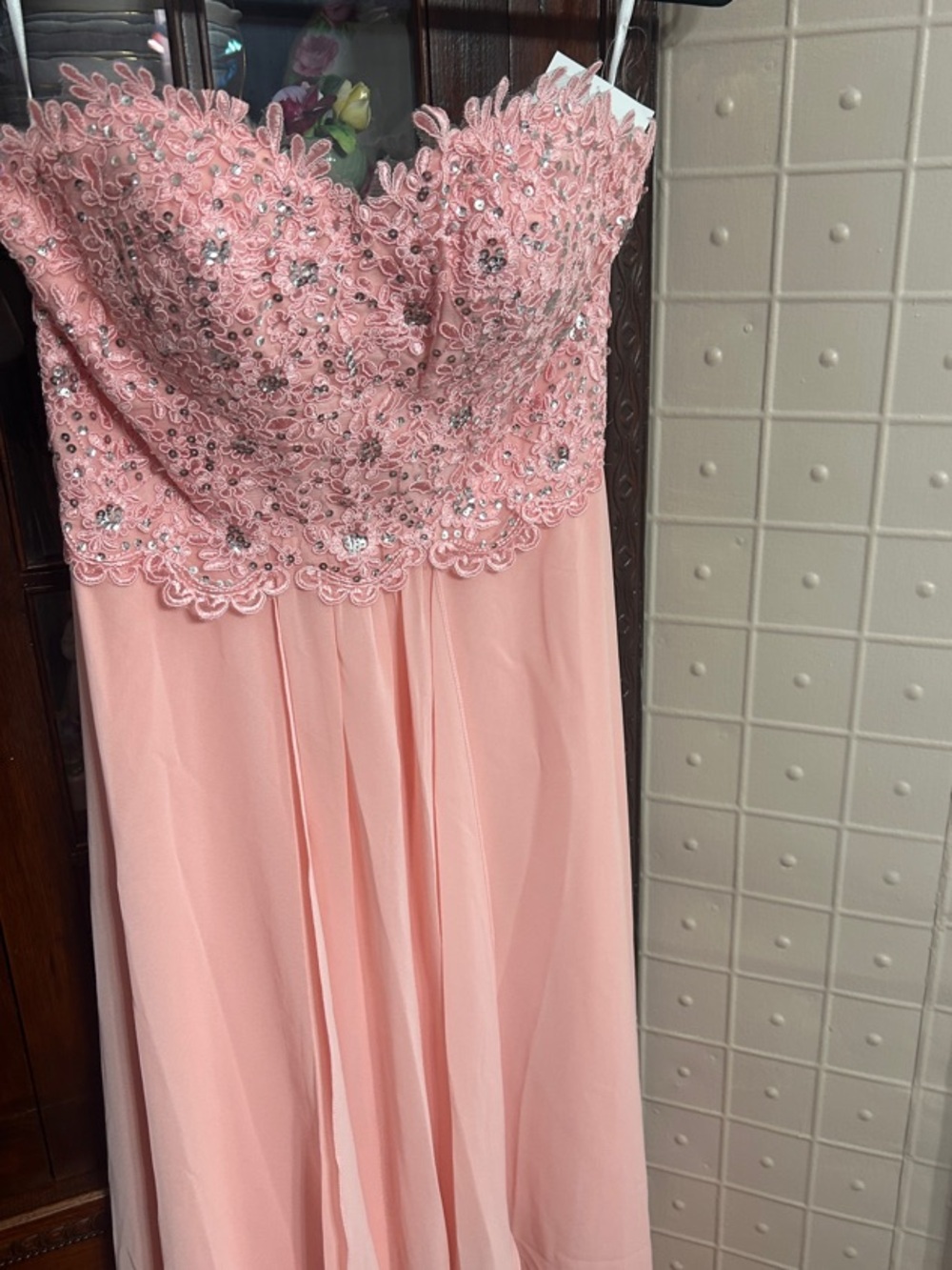 Prom: Strapless Blush Pink Beaded Lace Prom Gown - corset back NWT